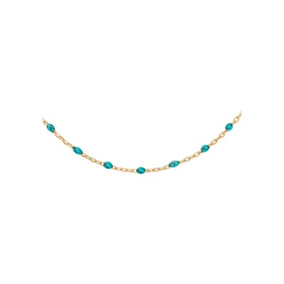 Collier argent et dorure jaune olives résine bleu transparent 40+5cm