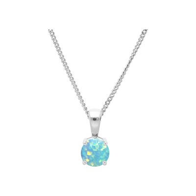 Collier argent rhodié pendentif rond opale turquoise imitation 5mm serti 4 griffes 42+3cm
