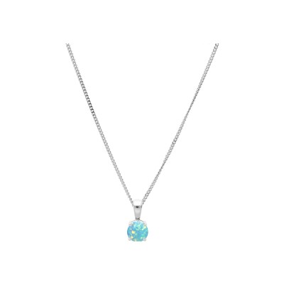 Collier argent rhodié pendentif rond opale turquoise imitation 5mm serti 4 griffes 42+3cm