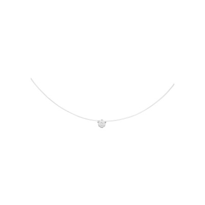 Collier argent rhodié fil nylon solitaire oxyde blanc 5mm réglable jusqu'à 50cm