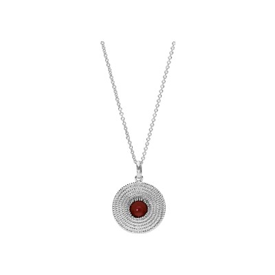 Collier argent rhodié motif rond pierre synthétique rouge 40+4cm