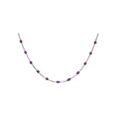 Collier argent rhodié olives résine violet transparent 40+5cm