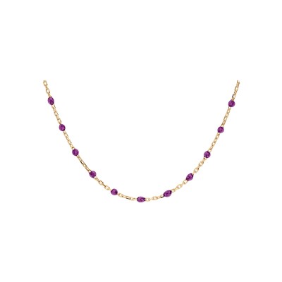 Collier argent et dorure jaune olives résine violet transparent 40+5cm