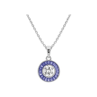 Collier argent rhodié pendentif rond centre oxyde blanc et contour oxydes rectangulaires bleus 40+5cm