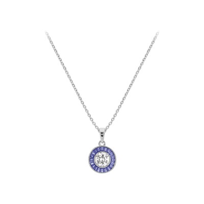Collier argent rhodié pendentif rond centre oxyde blanc et contour oxydes rectangulaires bleus 40+5cm