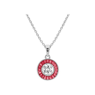 Collier argent rhodié pendentif rond centre oxyde blanc et contour oxydes rectangulaires rouges 40+5cm