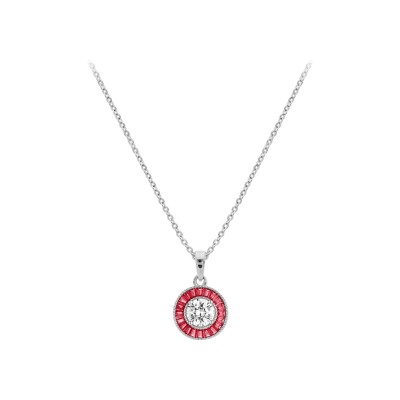 Collier argent rhodié pendentif rond centre oxyde blanc et contour oxydes rectangulaires rouges 40+5cm