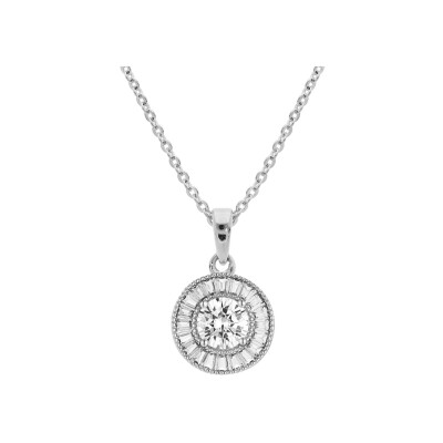 Collier argent rhodié pendentif rond oxydes blancs sertis 40+5cm