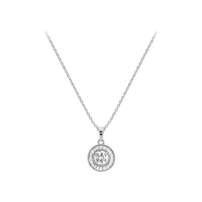 Collier argent rhodié pendentif rond oxydes blancs sertis 40+5cm