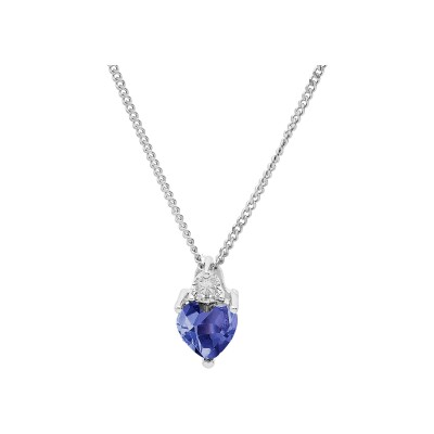 Collier argent rhodié oxydes blanc et bleu foncé forme coeur 42+3cm