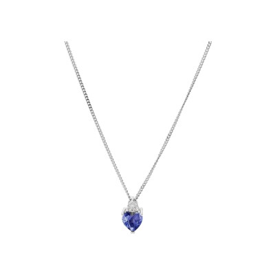 Collier argent rhodié oxydes blanc et bleu foncé forme coeur 42+3cm