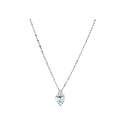 Collier argent rhodié oxydes blanc et bleu ciel forme coeur 42+3cm