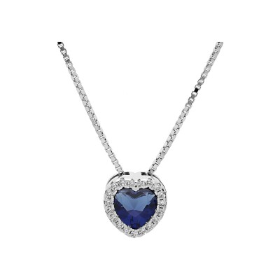 Collier argent rhodié pendentif coeur oxyde bleu foncé et contour oxydes blancs sertis 42+3cm