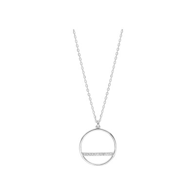 Collier argent rhodié pendentif cercle et barette oxydes blancs sertis 40+5cm