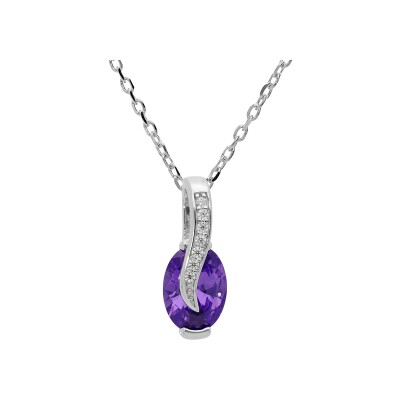 Collier argent rhodié pendentif oxydes violet et blancs sertis 42+3cm