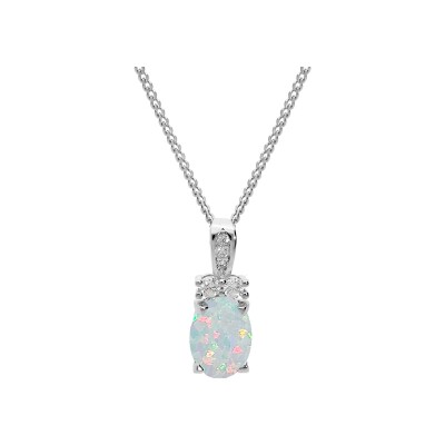 Collier argent rhodié pendentif opale blanche imitation et oxydes blancs sertis 42+3cm