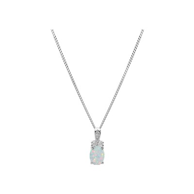 Collier argent rhodié pendentif opale blanche imitation et oxydes blancs sertis 42+3cm