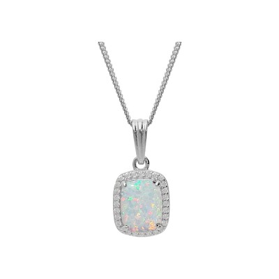 Collier argent rhodié pendentif carré opale blanche imitation et oxydes blancs sertis 42+3cm