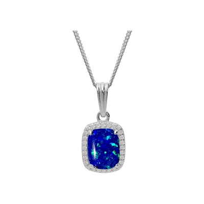 Collier argent rhodié pendentif carré opale bleu foncé imitation et oxydes blancs sertis 42+3cm