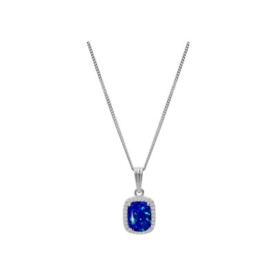 Collier argent rhodié pendentif carré opale bleu foncé imitation et oxydes blancs sertis 42+3cm