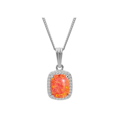 Collier argent rhodié pendentif carré opale orange imitation et oxydes blancs sertis 42+3cm