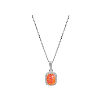 Collier argent rhodié pendentif carré opale orange imitation et oxydes blancs sertis 42+3cm
