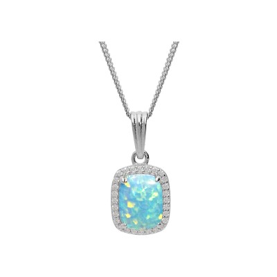 Collier argent rhodié pendentif carré opale turquoise imitation et oxydes blancs sertis 42+3cm