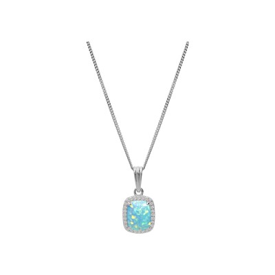Collier argent rhodié pendentif carré opale turquoise imitation et oxydes blancs sertis 42+3cm