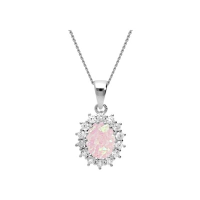 Collier argent rhodié pendentif opale blanche imitation et oxydes blancs sertis 42+3cm