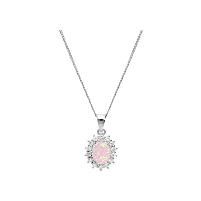 Collier argent rhodié pendentif opale blanche imitation et oxydes blancs sertis 42+3cm