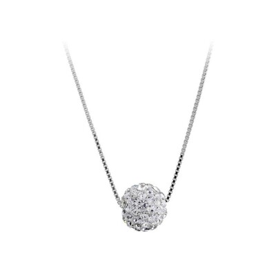 Collier argent rhodié + grosse boule résine strass blanc 38+5cm