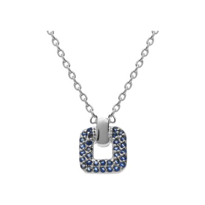 Collier argent rhodié pendentif carré oxydes bleus sertis 38+4cm