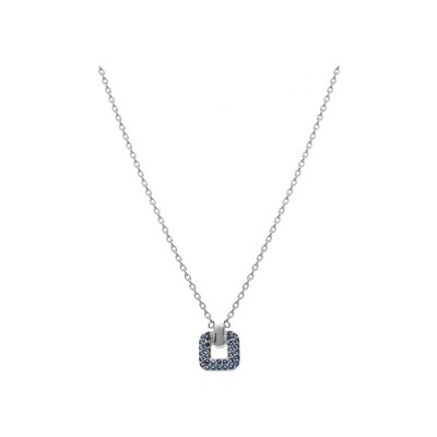 Collier argent rhodié pendentif carré oxydes bleus sertis 38+4cm