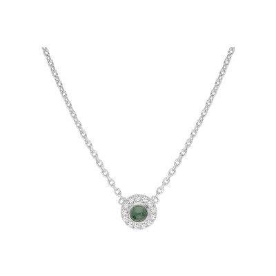 Collier argent rhodié pendentif cabochon jade verte véritable et oxydes blancs sertis 37,5+4cm