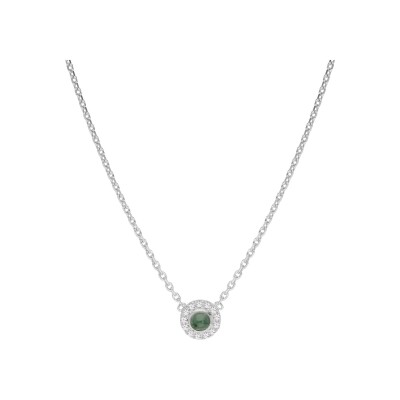 Collier argent rhodié pendentif cabochon jade verte véritable et oxydes blancs sertis 37,5+4cm