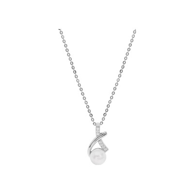 Collier argent rhodié pendentif perle de culture d'eau douce blanche et oxydes blancs sertis 42+3cm