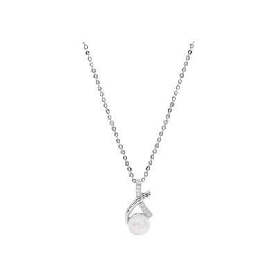 Collier argent rhodié pendentif perle de culture d'eau douce blanche et oxydes blancs sertis 42+3cm