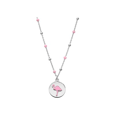 Collier argent rhodié boules et résine motif flamant rose 39+3cm