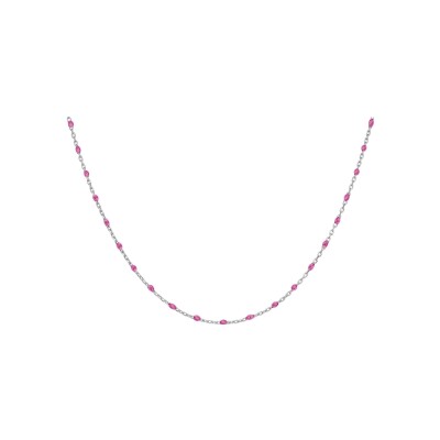 Collier argent rhodié olives résine framboise translucide 40+5cm