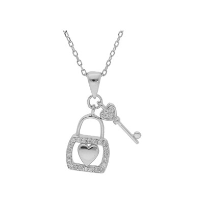 Collier argent rhodié pendentif cadenas coeur et clef oxydes blancs sertis 39+2+2cm