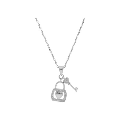 Collier argent rhodié pendentif cadenas coeur et clef oxydes blancs sertis 39+2+2cm