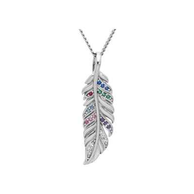Collier argent rhodié pendentif plume oxydes multi couleurs 42+3cm