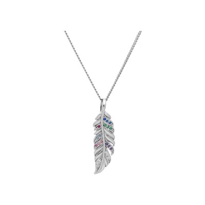 Collier argent rhodié pendentif plume oxydes multi couleurs 42+3cm