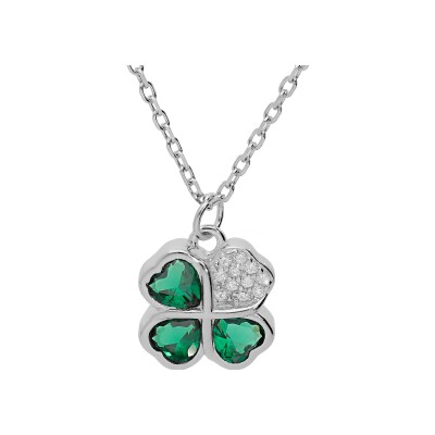 Collier argent rhodié pendentif trèfle et coeur 10mm oxydes verts 39+2+2cm