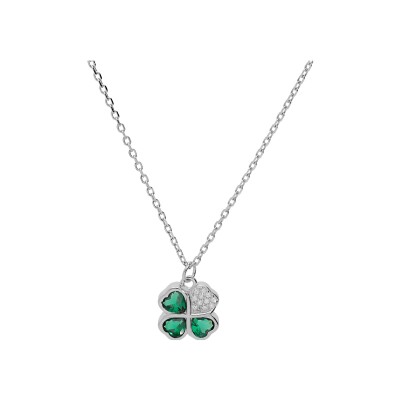 Collier argent rhodié pendentif trèfle et coeur 10mm oxydes verts 39+2+2cm
