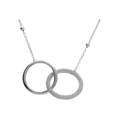 Collier argent rhodié chaîne boules 2 anneaux entrelacés 1 lisse et 1 perlé 42+3cm