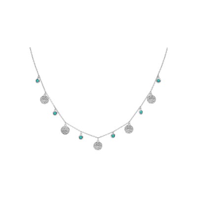 Collier argent rhodié pampilles pierres synthétique couleur turquoise avec pastilles antiques 40+4cm