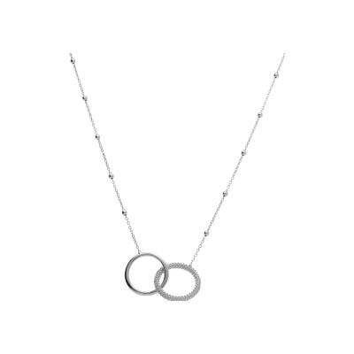 Collier argent rhodié chaîne boules 2 anneaux entrelacés 1 lisse et 1 perlé 42+3cm