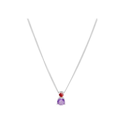 Collier argent rhodié pendentif 2 oxydes sertis 3 et 5mm rouge et violet 42+3cm