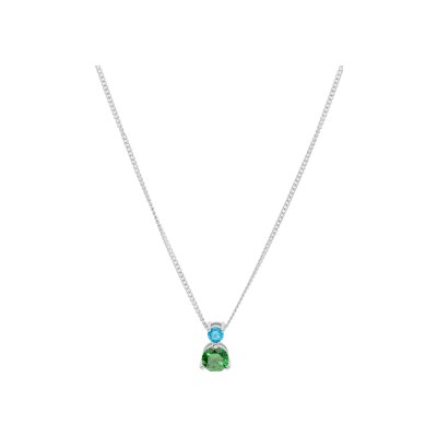 Collier argent rhodié pendentif 2 oxydes sertis 3 et 5mm bleu et vert 42+3cm